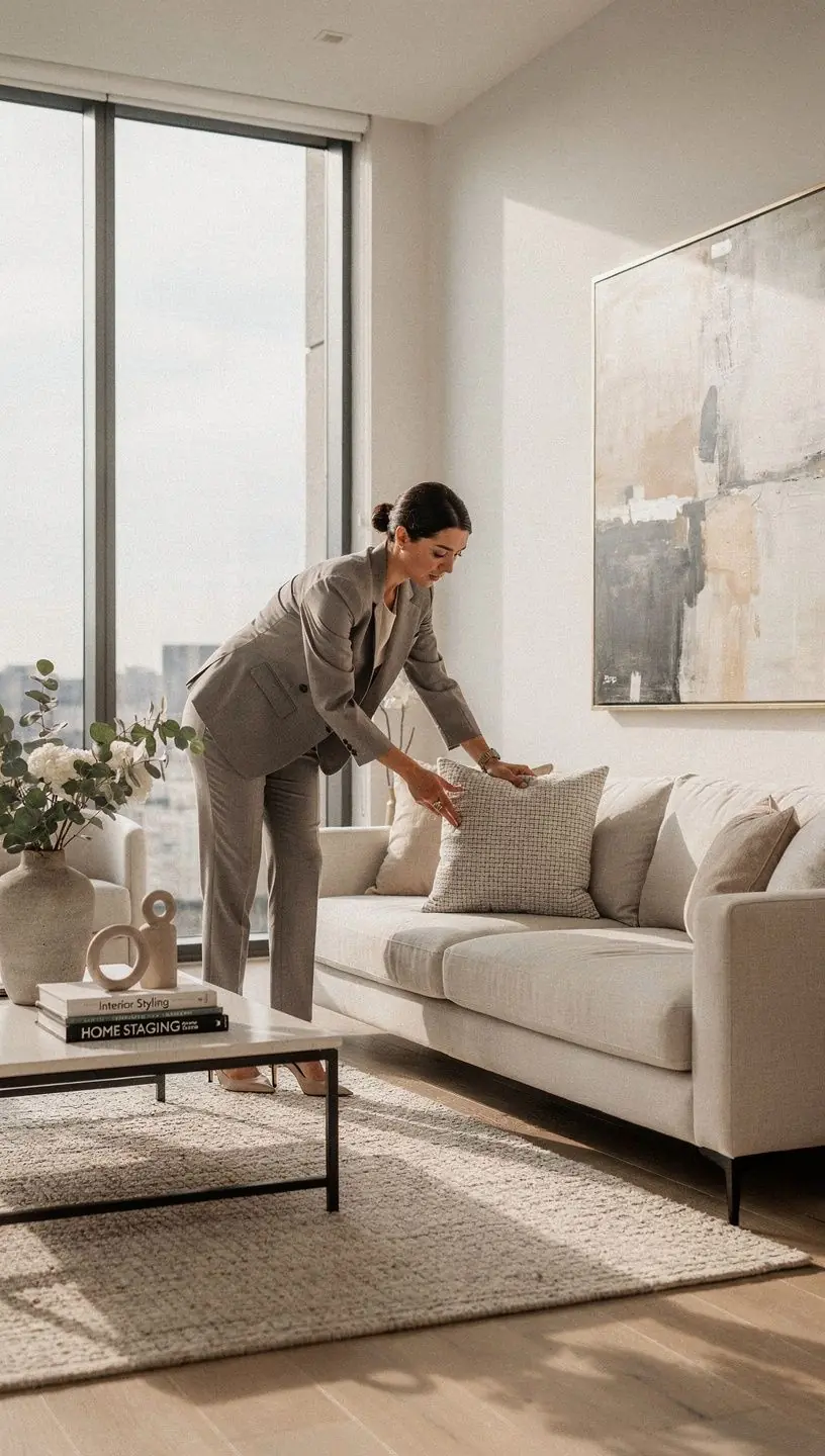 Уютная гостиная с стильными элементами декора и мягким освещением.